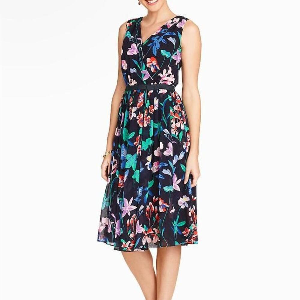 Talbots Floral Tea Length Midi Dress 12 sleeveless v-neck wedding guest cocktail